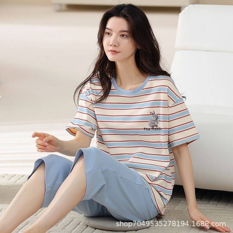 High-End Cotton Pajamas for Women, Summer Short-Sleeved Cropped Pants, Round Neck, Sweet Loose Large Size Two-Piece Suit, Home Clothes