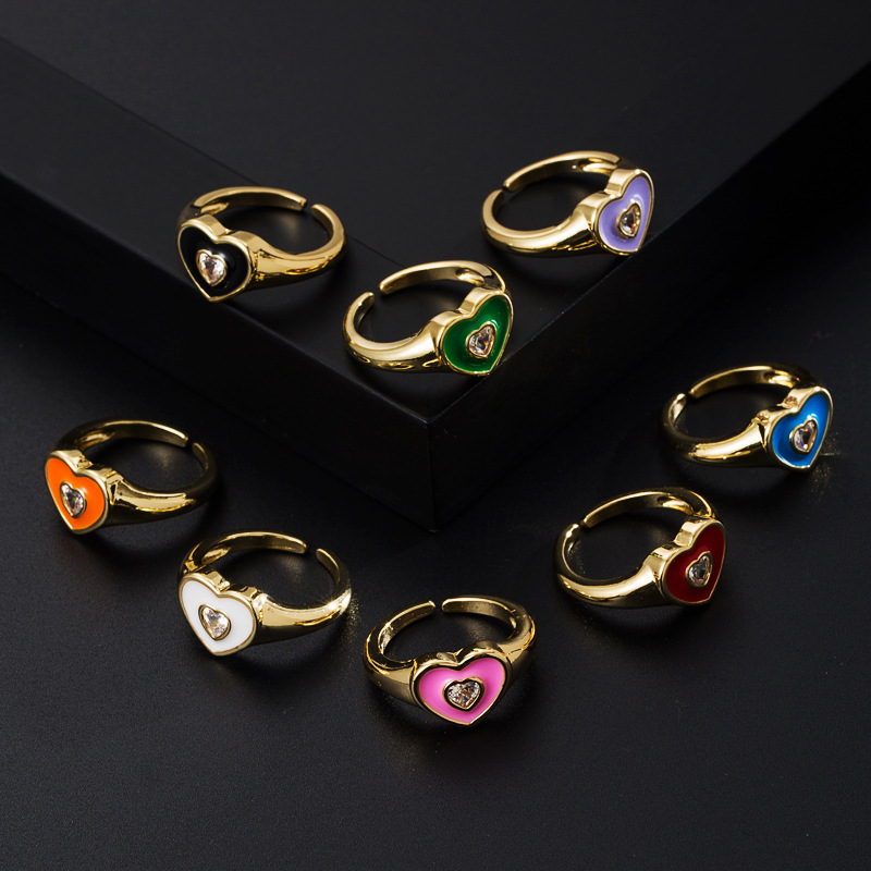 Fashion Copper Gold-plated Micro-inlaid Zircon Drop Oil Heart-shaped Ring Simple Open Ring Accessories display picture 3