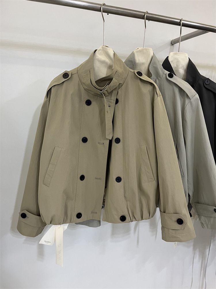 Short Trench Coat for Women, Autumn New Korean Version, Double-Breasted Stand Collar, Loose Casual Light Luxury Petite Jacket