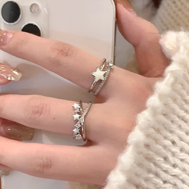 light luxury zircon double circles star ring female special-interest design open ring high sense fashion personality couple couple rings