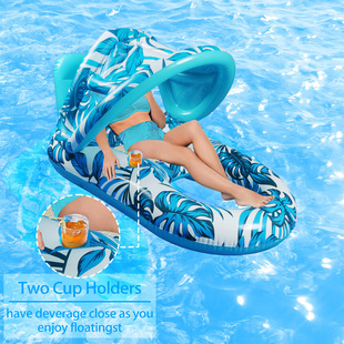Cross-Border New Product Pvc Water Inflatable Bed Multi-Functional Floating Row with Cup Holder Awning Swimming Pool Floating Lounge Chair Hammock