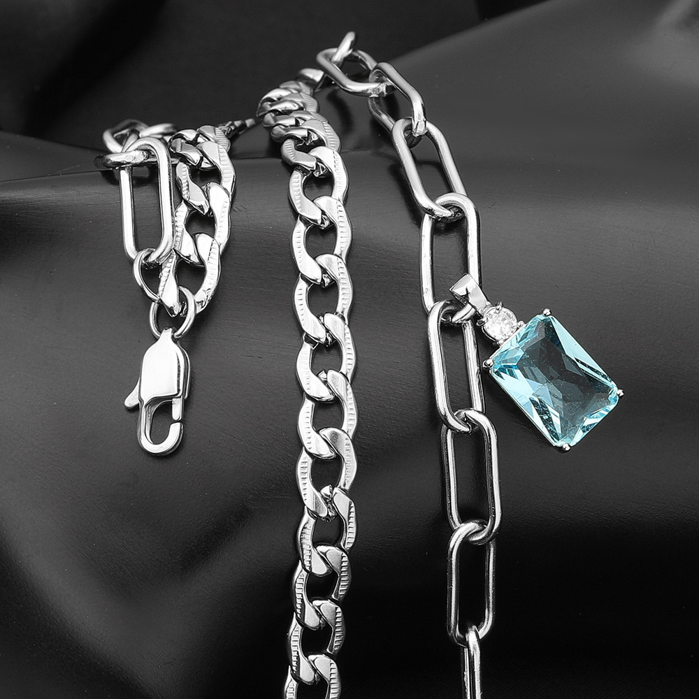Double Layer Men's Necklace With Blue Zircon Titanium Steel_voghion.com