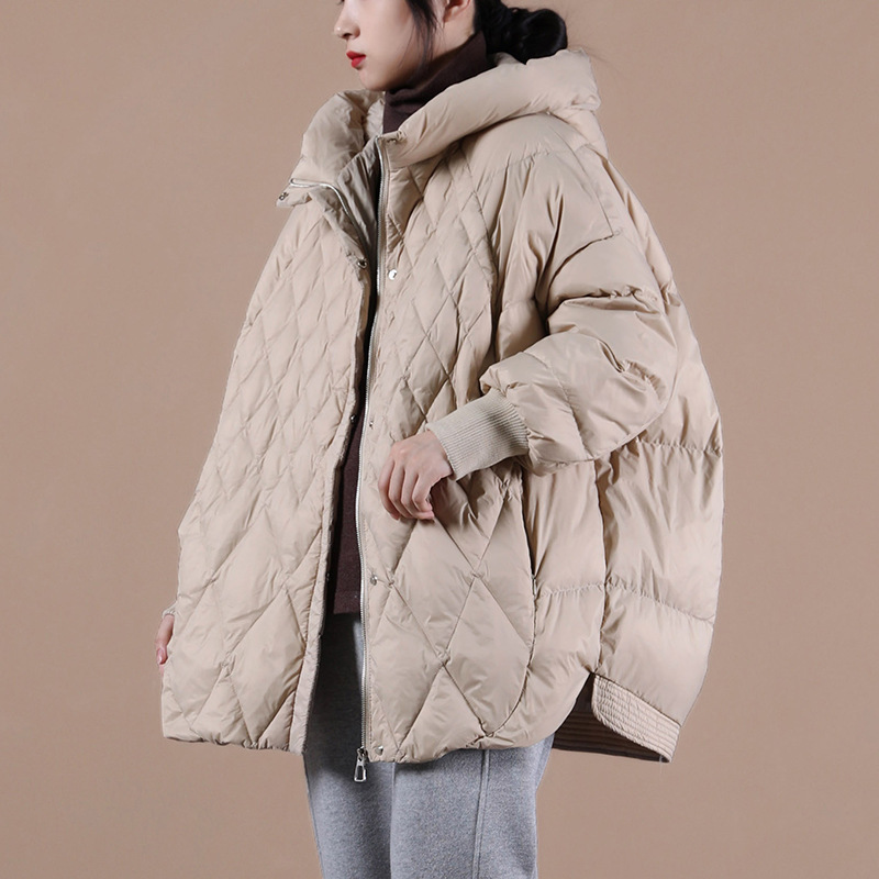 Cross-Border Autumn and Winter New Loose Large Size Literary Quilted Hooded Lightweight White Duck down Jacket Women's Mid-Length Jacket Trendy