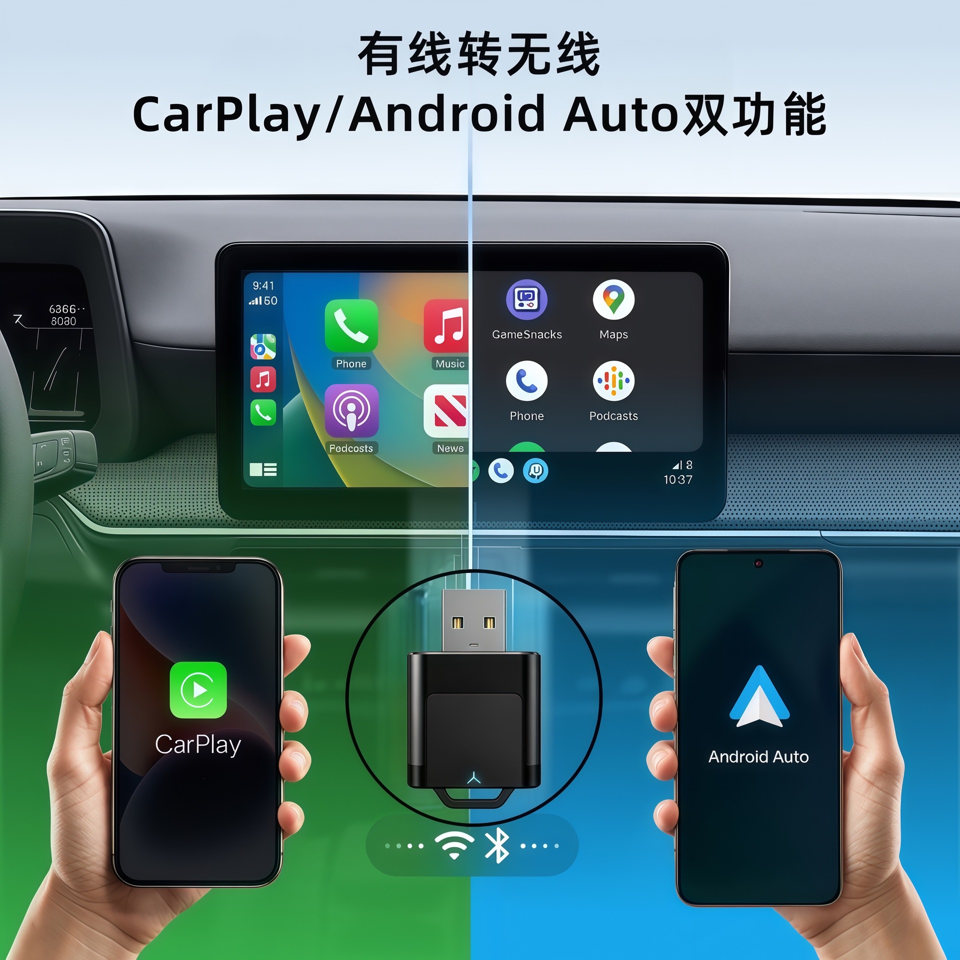 Cross-border wholesale carplay wired to wireless Apple Android auto two-in-one smart car connectivity box