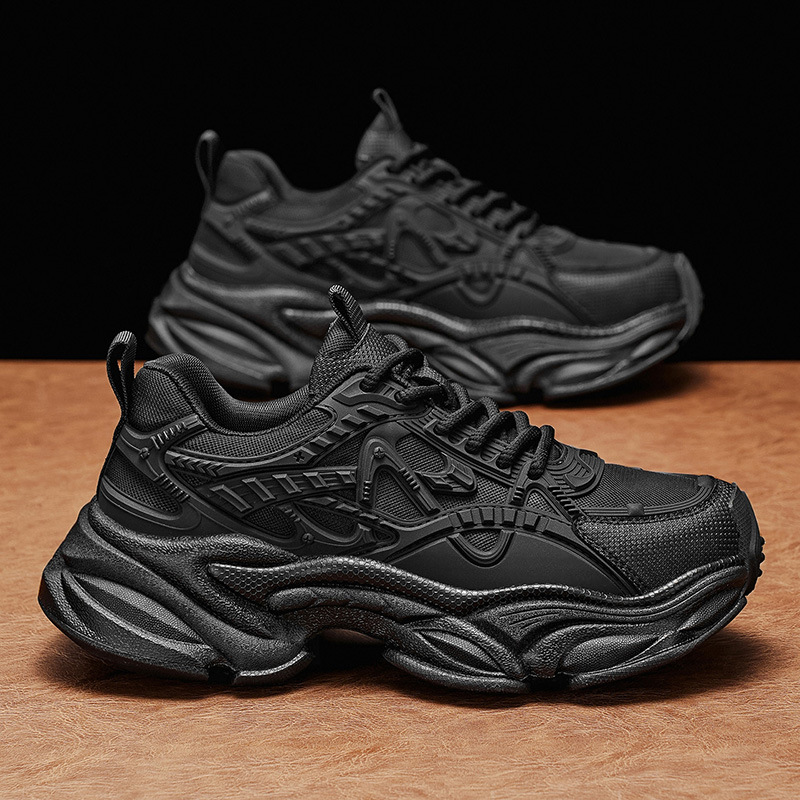 Black Dad Shoes Men's Spring and Autumn Thick-Soled Height-Increasing Sneakers All-Black Warrior Casual Pure Black Knight Small Black Shoes