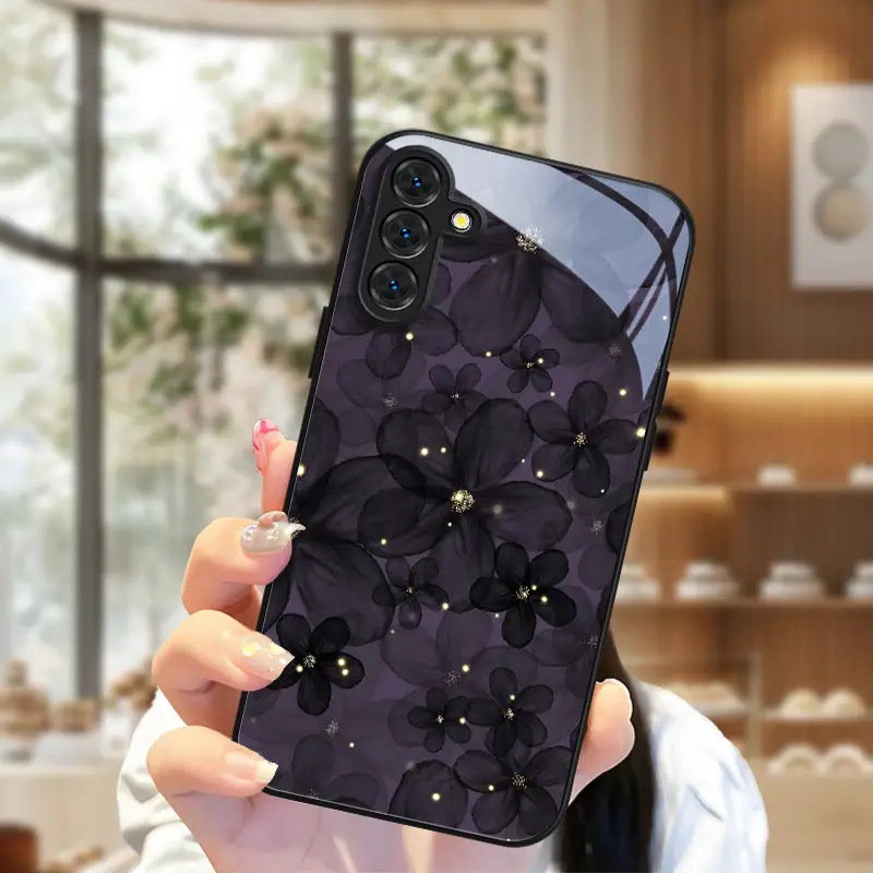 High-End Black Gauze Flower Design Samsung S24 Supreme Edition Glass Case Galaxy S23Plus Mobile Phone Case Protective Cover