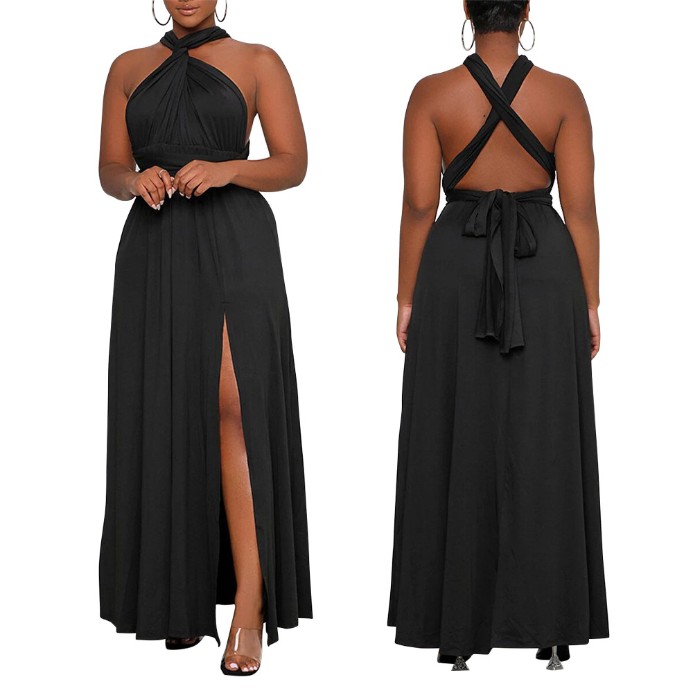 Solid Color Halter Strap Hollow Plus Size Slit Dress NSCYF80215