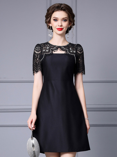 Zhili High end Exquisite Small Black Skirt Summer Handmade Nail Diamond Splicing Lace High Waist Dress Mid Skirt 2024 Ne