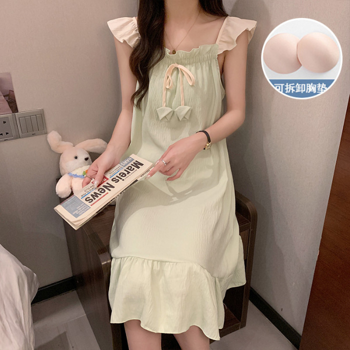 2024 con cojín de pecho ropa para el hogar nubes de verano algodón princesa pijama de viento delgado dulce y sexy vestido de pijama de la niña