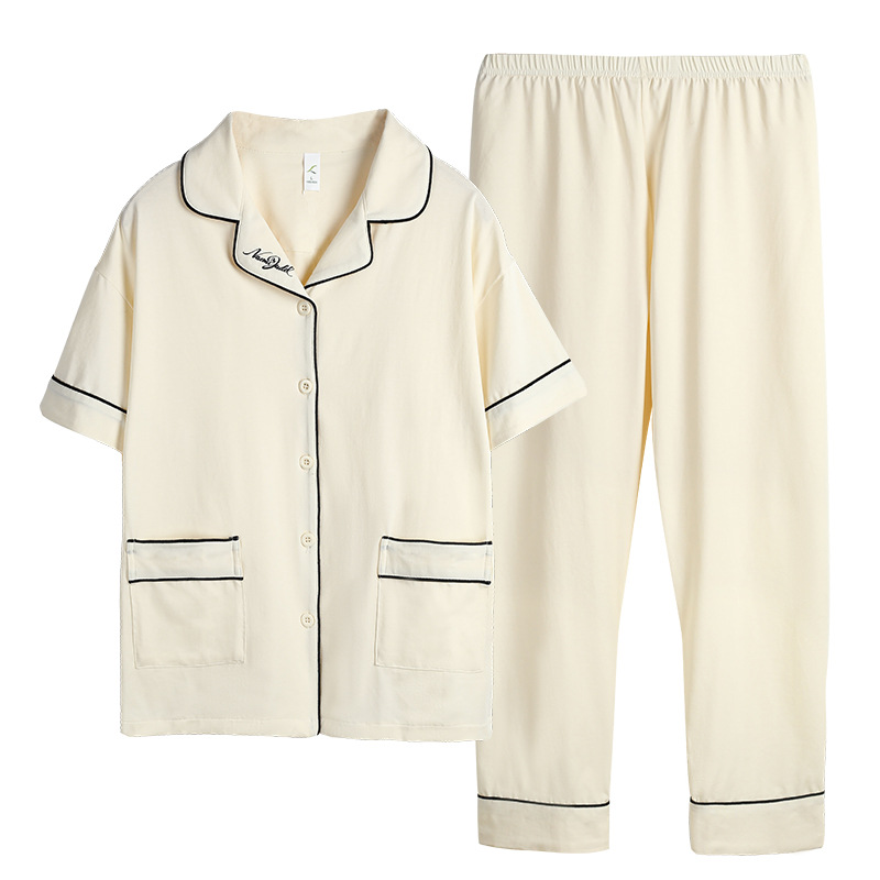 Pijamas de mujer primavera y verano 100% algodón fino pantalones de manga corta blanco ropa de casa primavera y otoño traje de talla grande