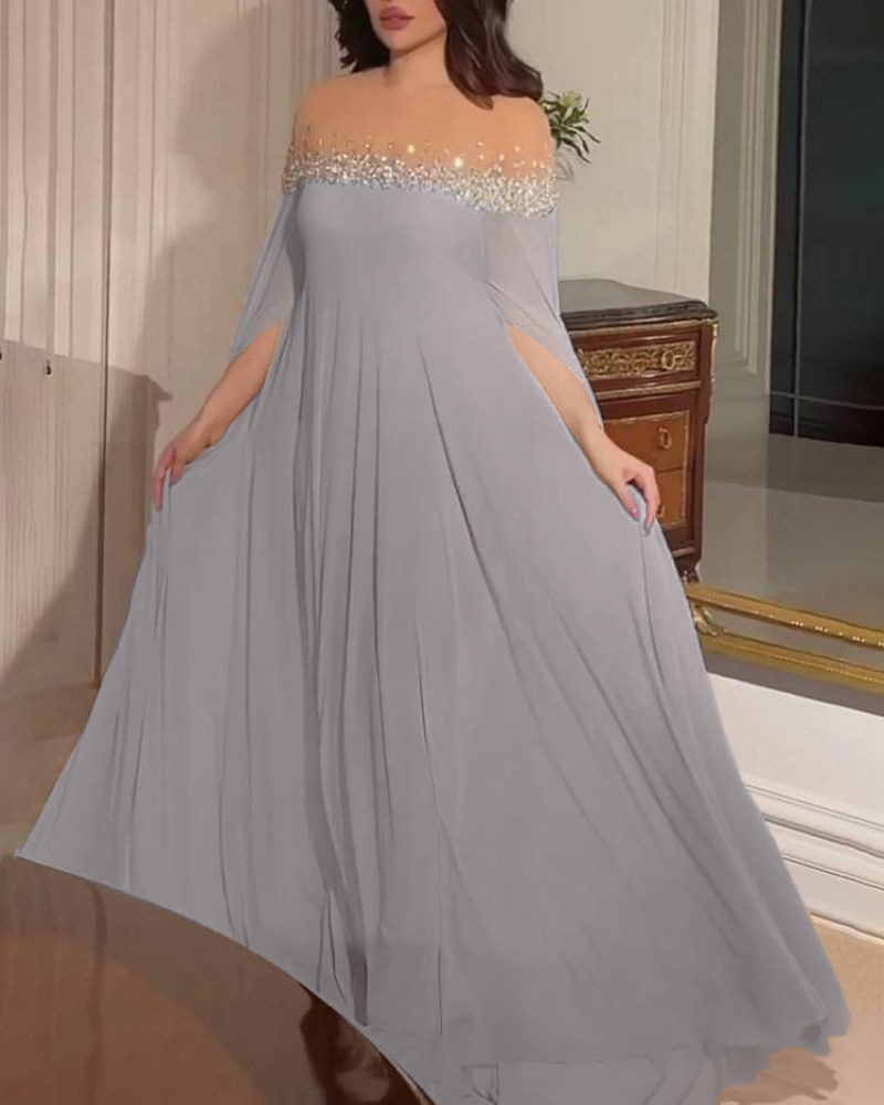 Elegant aftenkjole for damer med perler og stein i chiffon_voghion.com