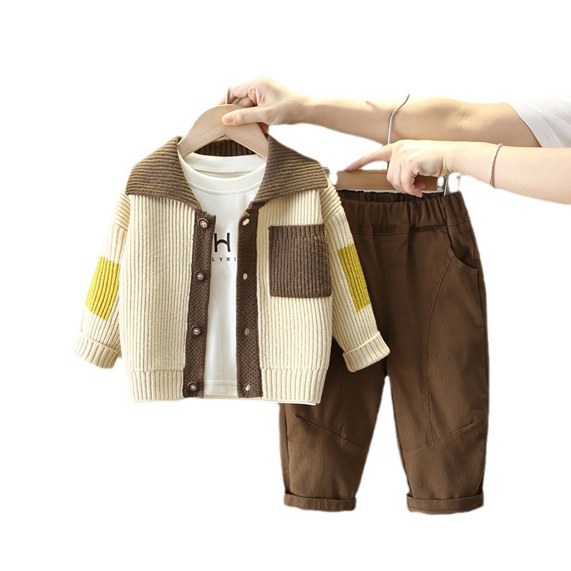 6146 Traje de otoño para niños 2025 nuevo estilo estilo occidental chaqueta de suéter para niños traje de tres piezas guapo bebé versión coreana primavera