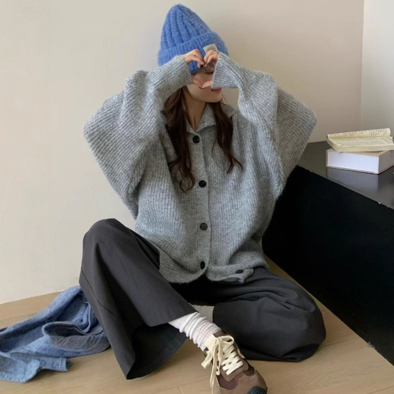 韩版简约纯色立领单排扣针织衫女2025秋冬新款百搭慵懒风毛衣外套|undefined