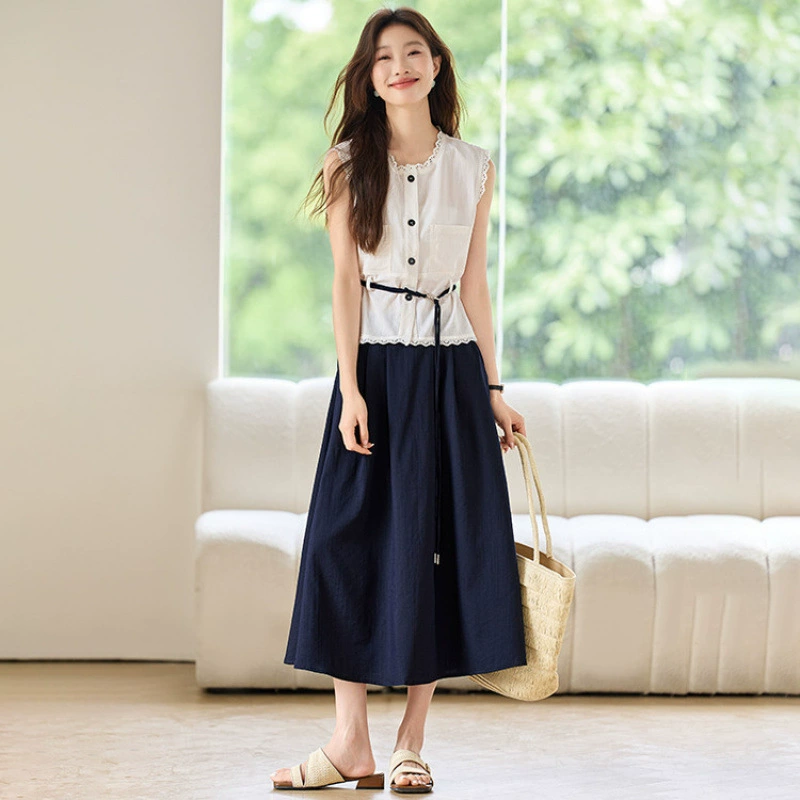 Летний костюм 2025 года, французский топ и юбка без рукавов, утягивающий, элегантный, профессиональный, тонкий, женский.