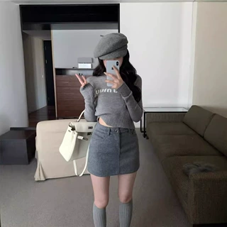 小个子圆领套头白色短款字母毛衣女秋冬季辣妹打底内搭针织衫上衣