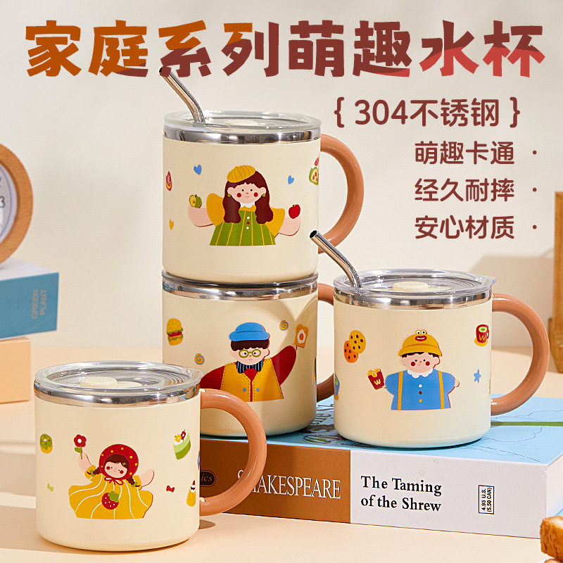 304 Stainless Steel Mug Kidsren's Cartoon Cup Family Water Cup Family of Three Set Kidsren's Rice Bowl Soup Bowl