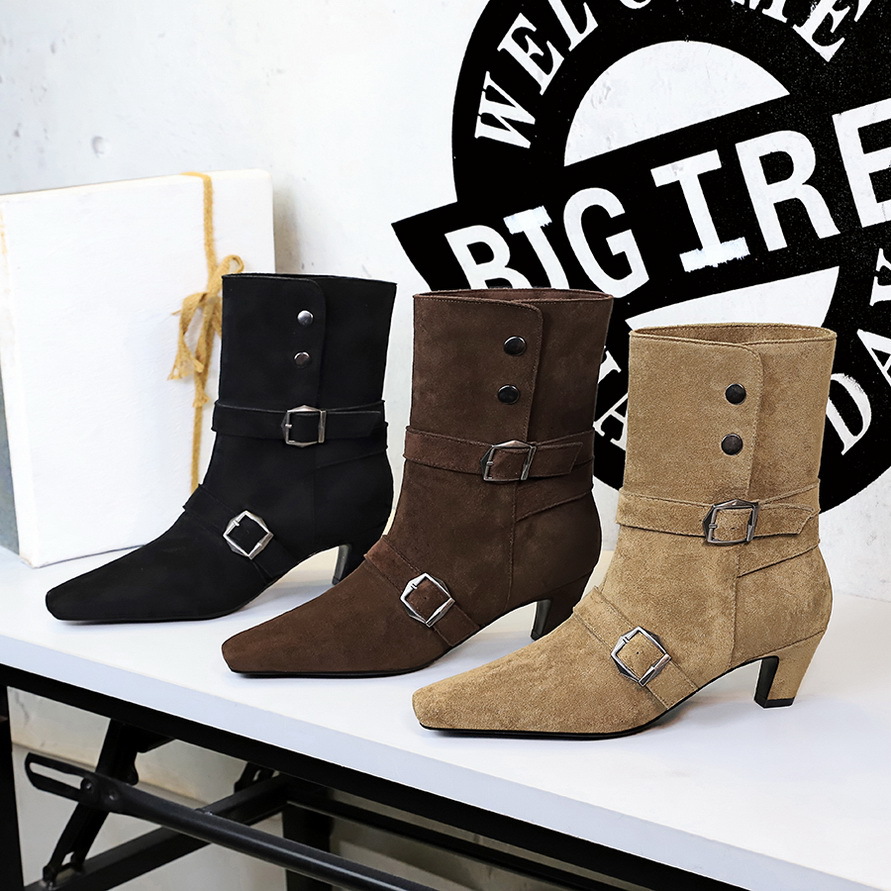 Botas de media caña retro para mujer con punta cuadrada y hebilla_voghion.com