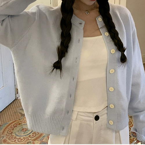 KANING light blue lazy style knitted cardigan jacket for women 2024 spring new soft and waxy short long-sleeved top