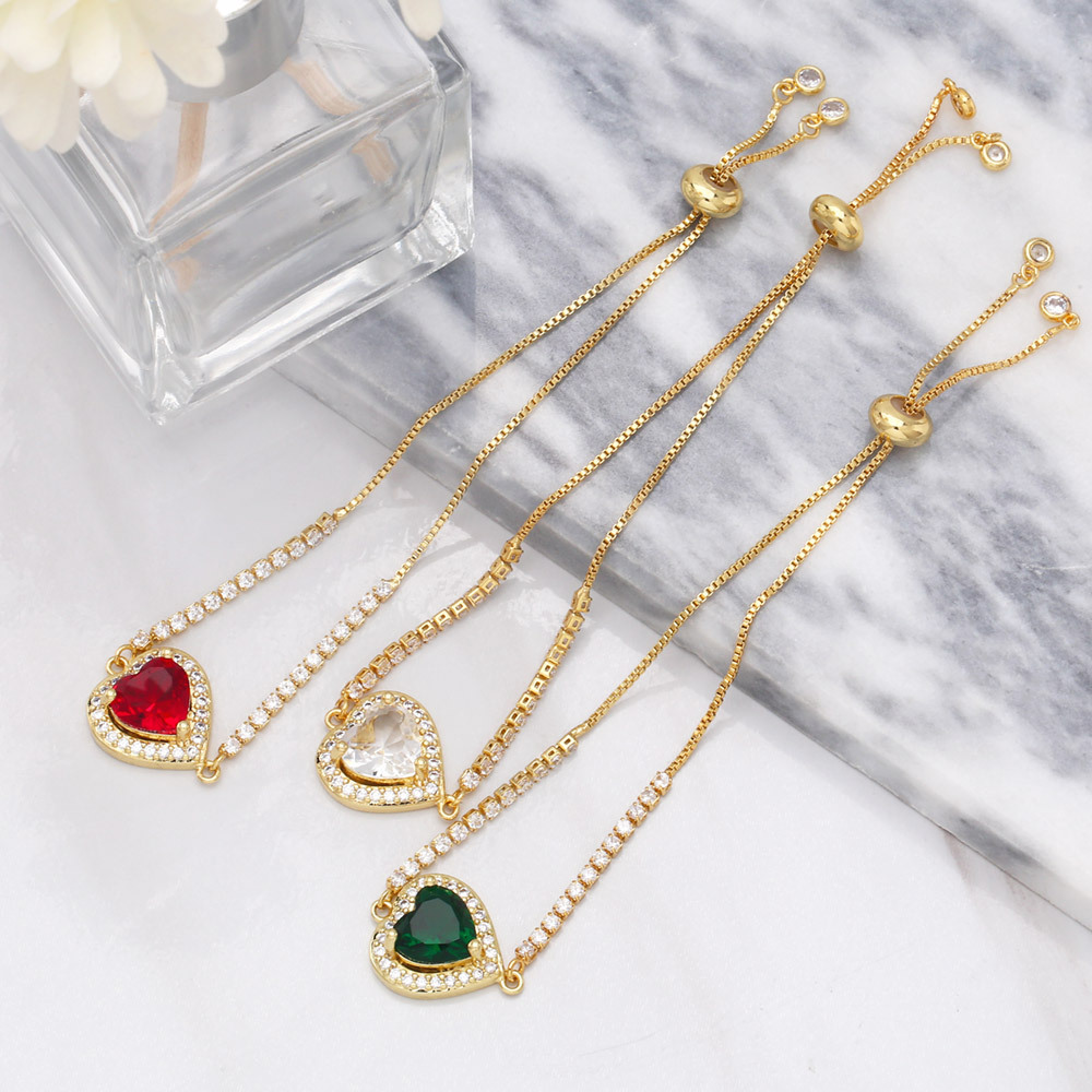 Fashion Zircon Pull Adjustable Geometric Heart-Shaped Copper Bracelet