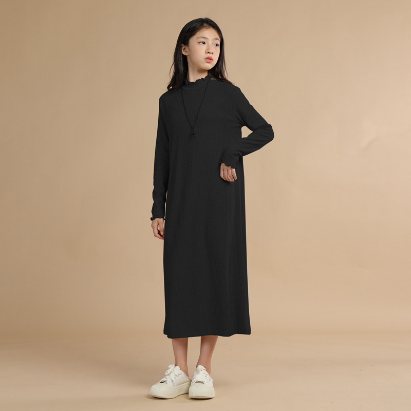 Largo tocando fondo de punto vestido niñas otoño e invierno nuevo estilo con abrigo interior desgaste flojo perezoso cuello alto suéter vestido de moda