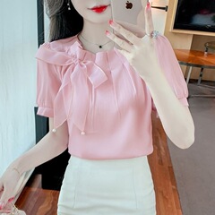夏の新しい韓国スタイルのラウンドネックプリーツリボン半袖シフォンシャツ女性用、シックで美しい甘いシャツ