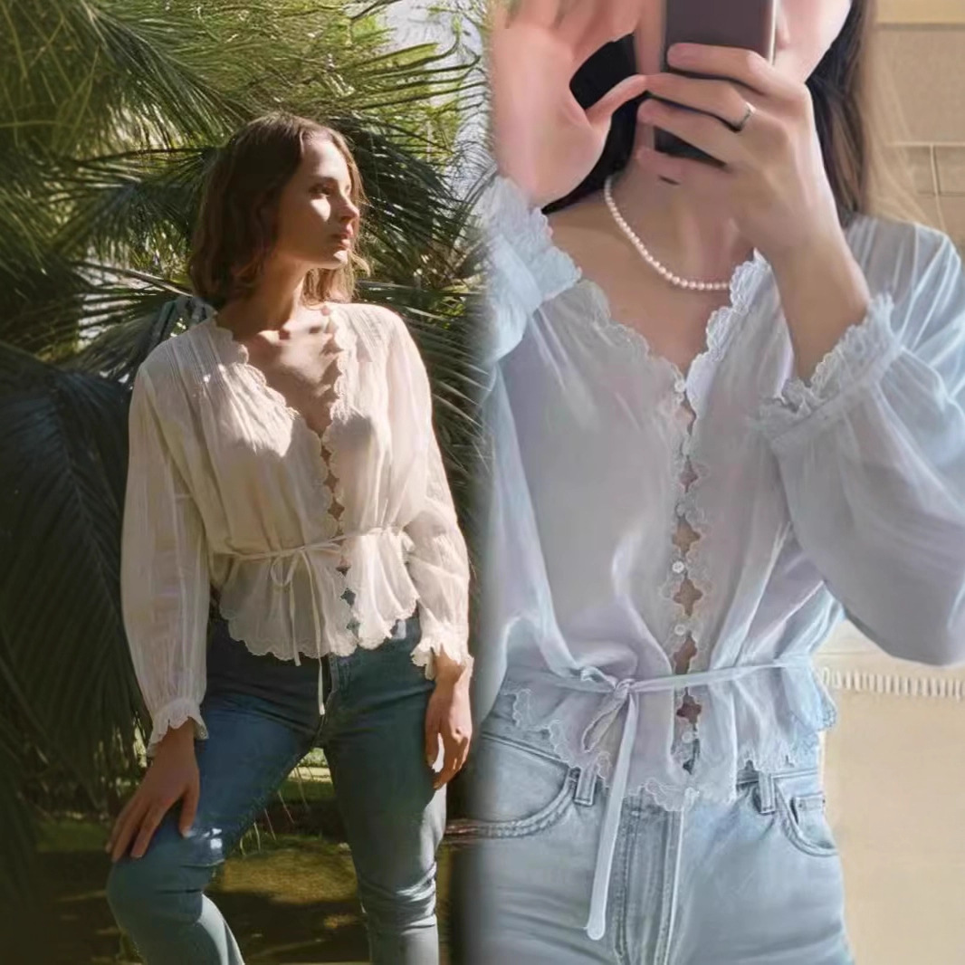 American Women's Clothing Wholesale Spring and Summer New Embroidered Scallop Lace Sexy Deep V Neck Top Strappy Long-Sleeved Shirt for Women