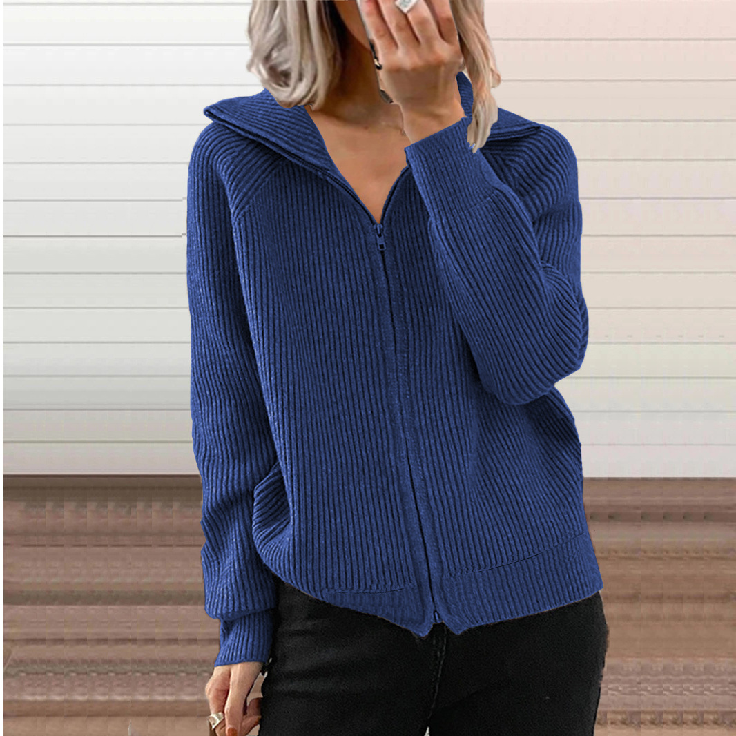 Otoño e invierno transfronterizo europeo y americano Nuevo abrigo casual a rayas suéter suelto cremallera cardigan manga larga suéter de solapa para mujer image 6