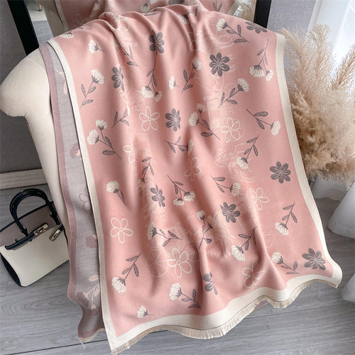 Pink girl small flower imitation cashmere scarf for women thickened warm scarf shawl outer decorative scarf wholesale delivery