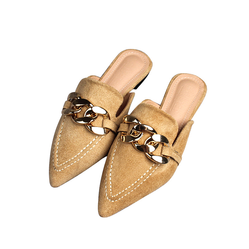 Flat half slippers women's spring and autumn new pointed metal chain Muller shoes 41-43 foreign trade shoes wholesale_voghion.com