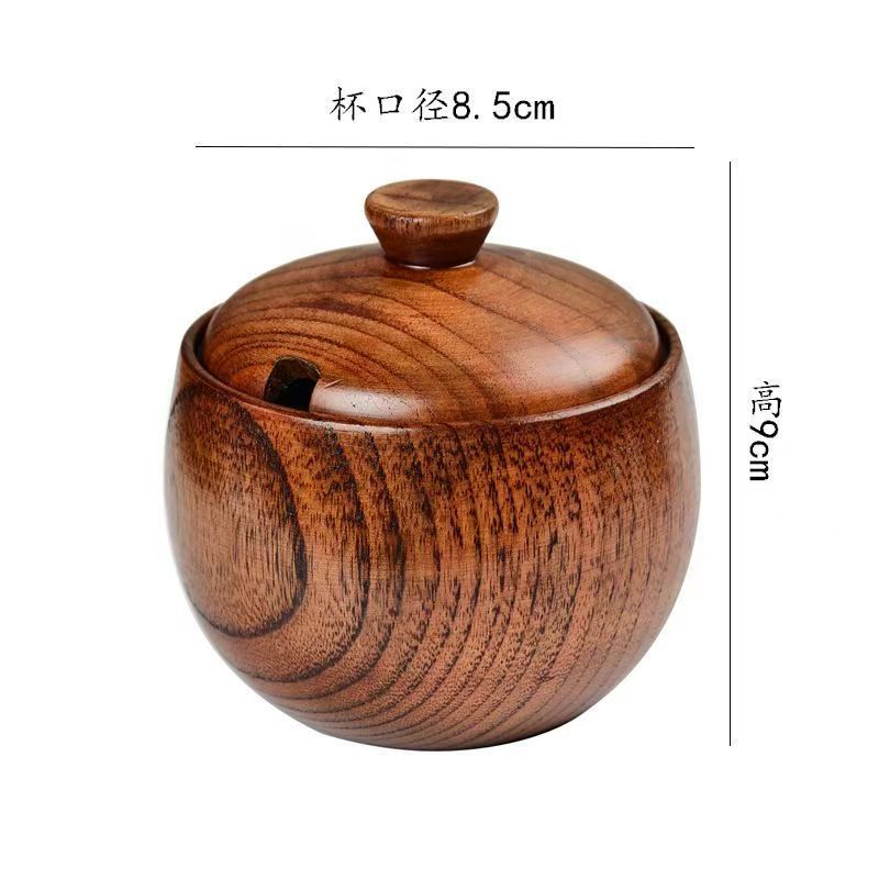 Tarro de condimento de madera de azufaifo transfronterizo, botella de condimento japonés, frasco de sal retro de madera, frasco de condimento con tapa, juego de frasco de condimento