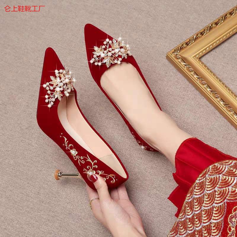 Chinese Wedding Shoes, Bridal Shoes, Red Toast High Heels for Women, 2025 New Wedding Dress, Two-Wear Wedding Dress