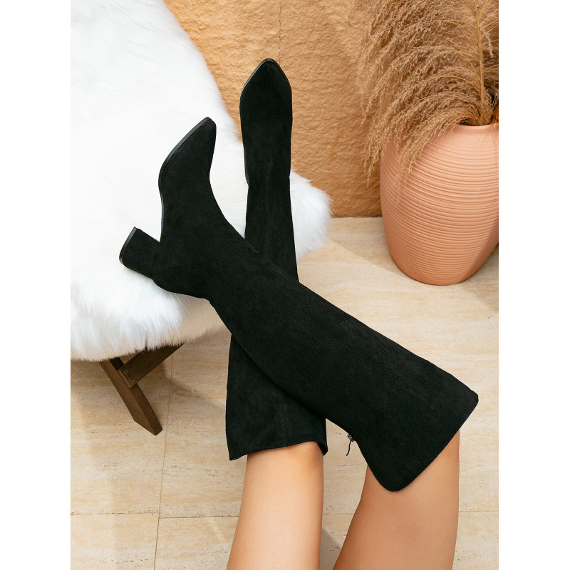 New Export European and American Suede Pointed Toe Stiletto Super High Heel Knee-High Boots Large Size Catwalk Women's Boots Heels