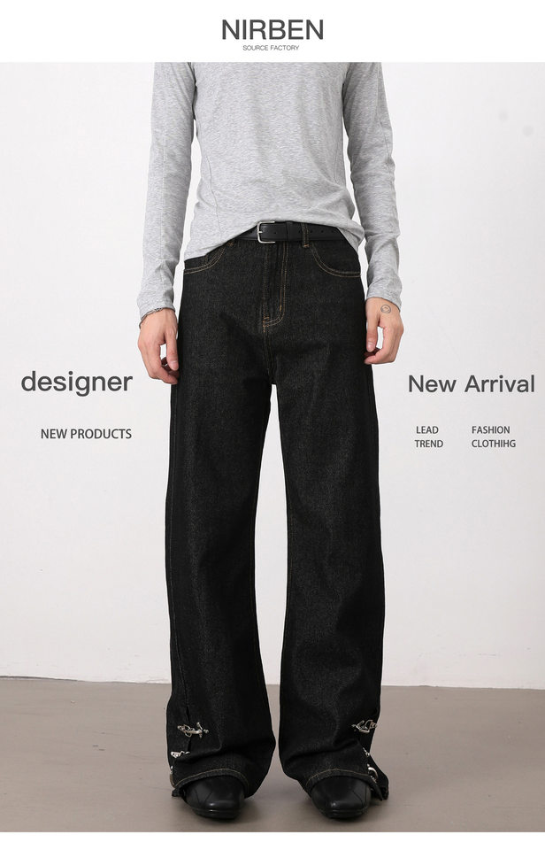 Quần jeans nam ống loe nhẹ denim thô đen, cạp vừa, dáng cơ bản, dài quần — Denim đen chi tiết 3
