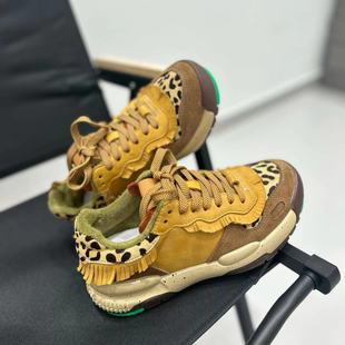 2024 New Genuine Leather Horsehair Leopard Print Niche Retro Dad Shoes Women's Thick-Soled Casual Sports Jogging Shoes Street Trbottomy Shoes