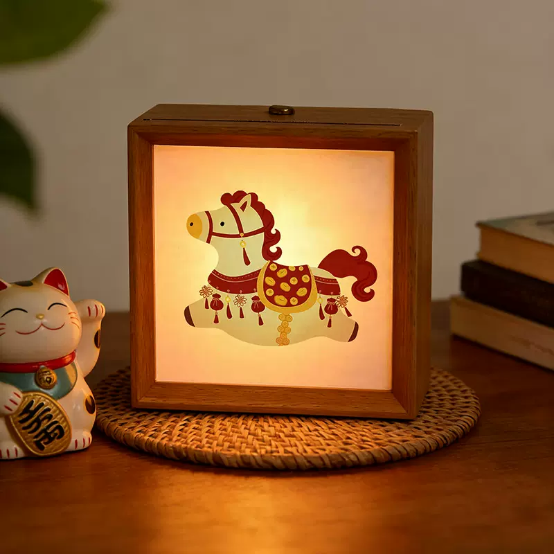 招财小马床头灯氛围感宿舍卧室专用带灯相框充电小夜灯生日礼物
