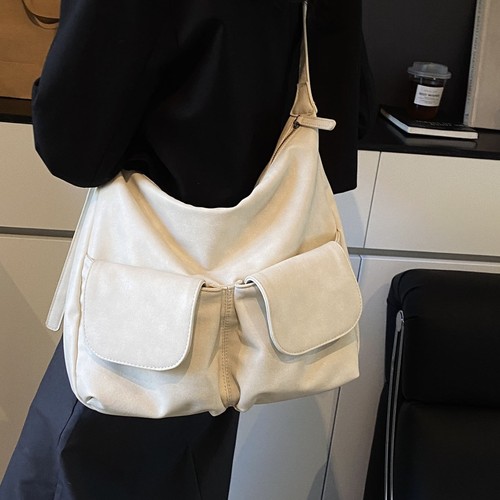 New Korean style homemade double pocket lazy soft leather one-shoulder crossbody bag casual and versatile tote bag