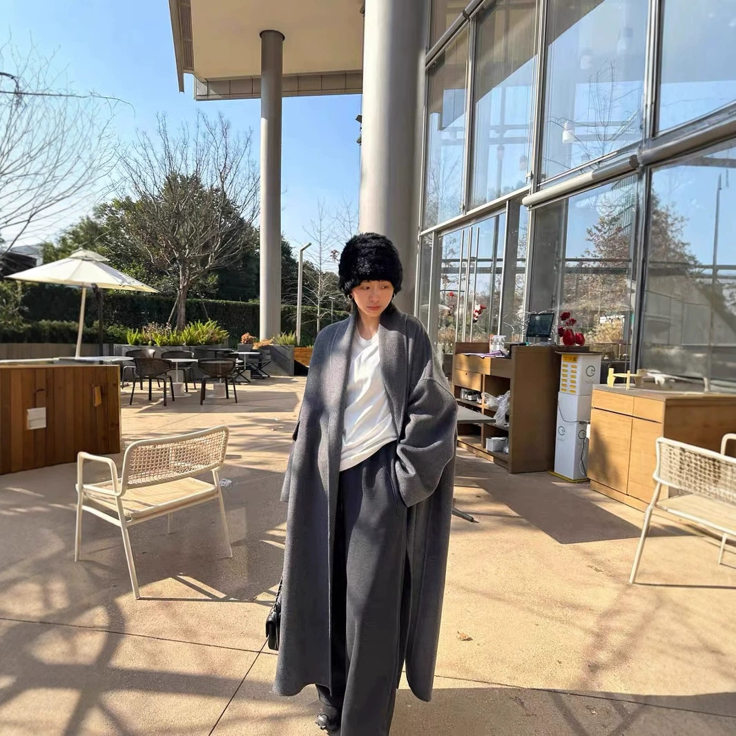 2024 Обернутый стиль 100 Мушковая шерсть минималистичный текстура свободная силуэт двухстороннего шерстяного пальто женский