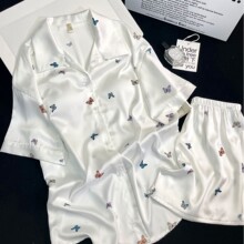 蝴蝶波点韩系甜美西装领睡衣套装宽松显瘦女短袖短裤两件套家居服