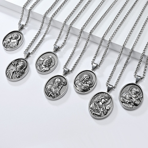 Cross-border European and American antique-style human figure titanium steel necklace round pendant niche personalized protective accessory sweater chain pendant