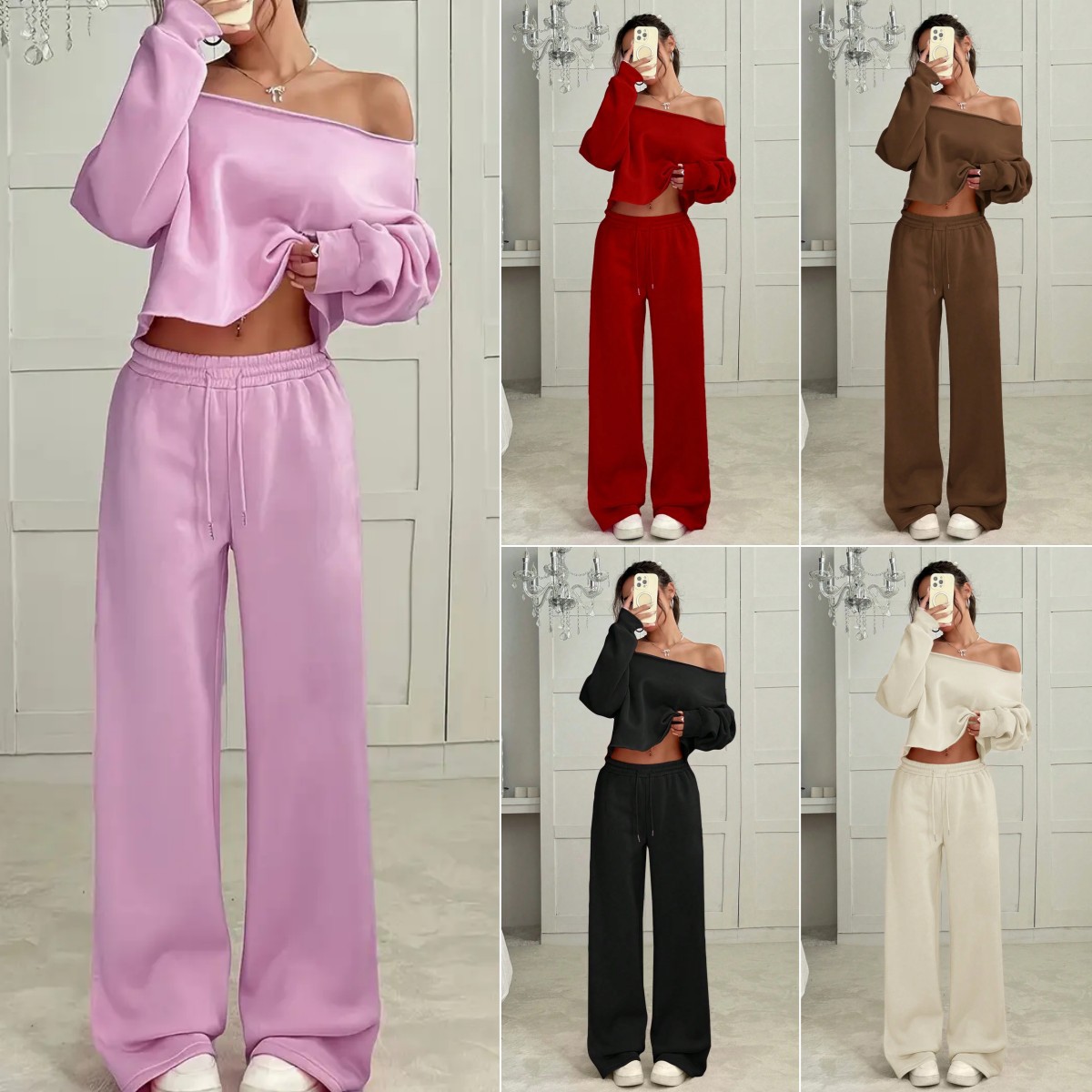 Lässiges, locker sitzendes Set aus langärmligem Kapuzenpullover und Hose für Damen – weicher Polyesterkomfort für Herbst und Winter (Rosa, Grau, Rot, Khaki, Schwarz, Beige)_voghion.com