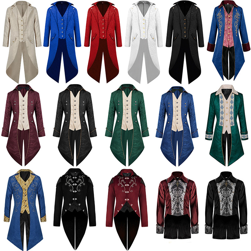 2025亚马逊欧美万圣诞节燕尾服中世纪复古服装中长朋克新男款大衣