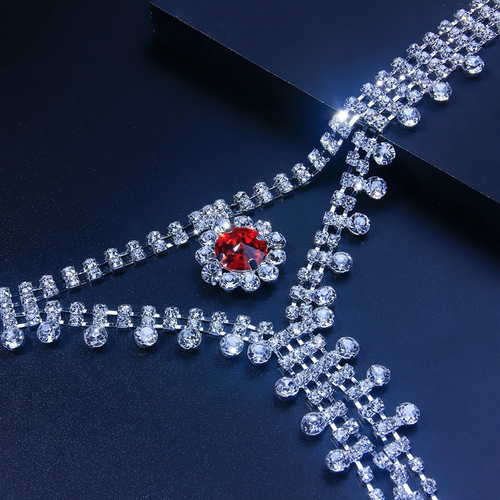 New European and American-style sexy red rhinestone breast chain and body chain set—trendy cross-border women's accessories, perfect for adding a glamorous touch to your look.