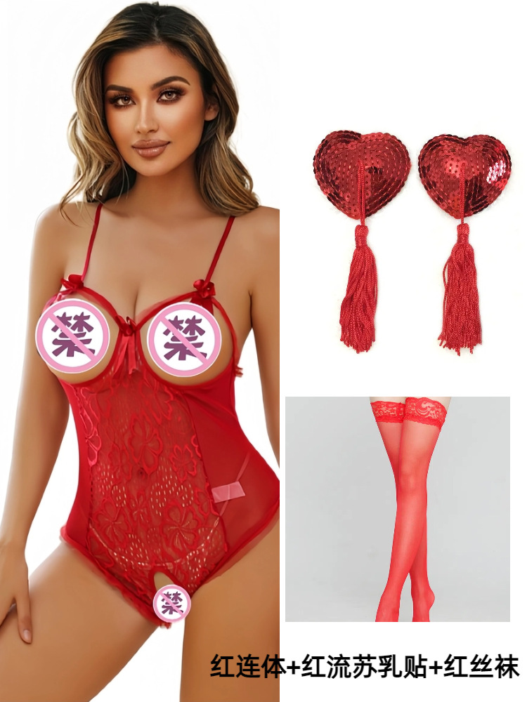 Red nipple stickers with tassels, tights