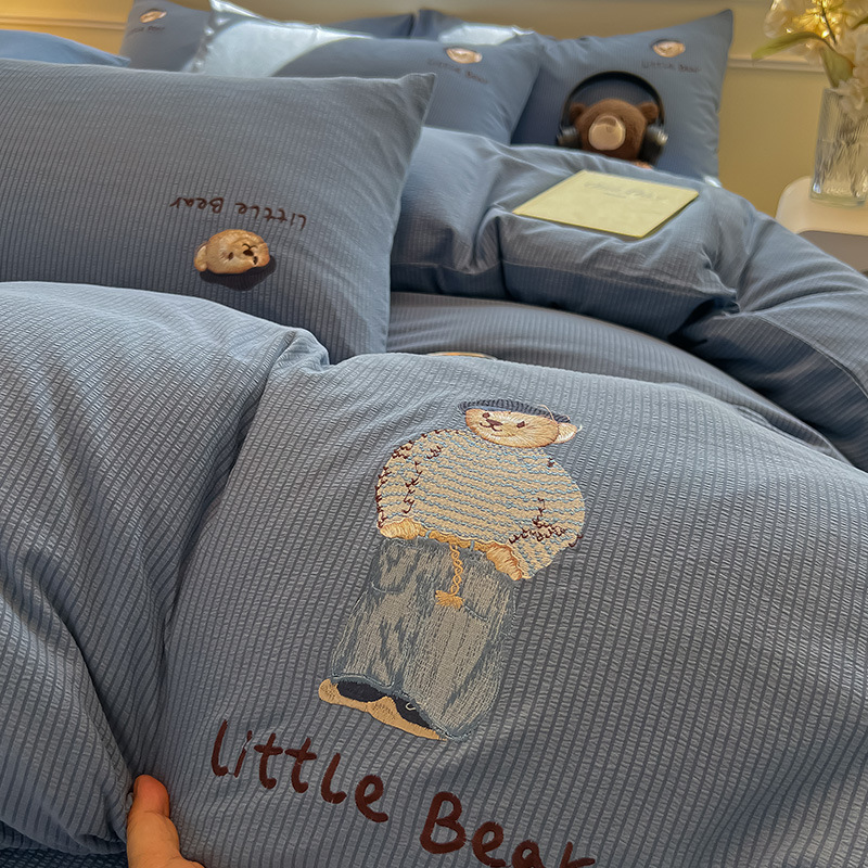 Housse de couette et drap en coton lavé broderie ours_voghion.com
