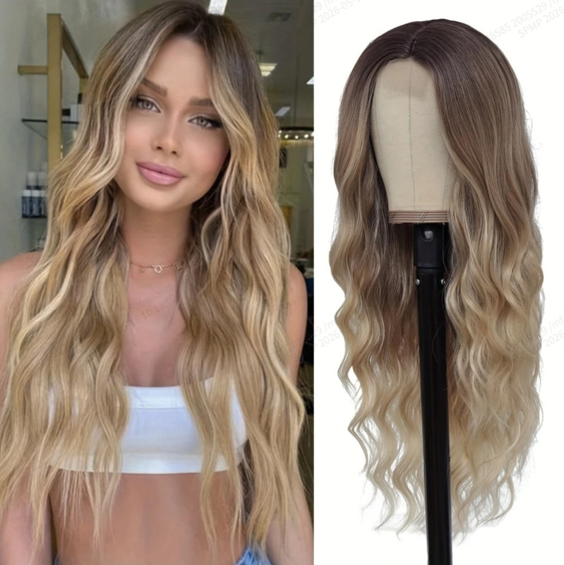 Cross-Border Wig Headgear 26inch Blonde Curly Wig Long Loose Wave Middle Parting Women's Long Curly Wig