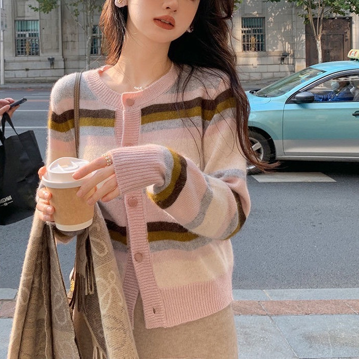 Japanese-Style Rainbow Striped Knit Cardigan Sweater Jacket for Women, Spring and Autumn Outerwear, Round Neck, Gentle and Unique Top