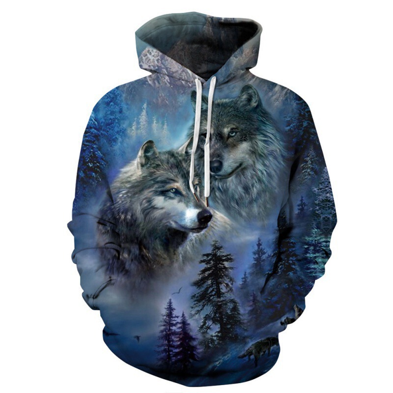 Foreign trade 3D animal wolf casual printed pullover sweater plus size hooded men's and women's couple's top coat Japanese cloth