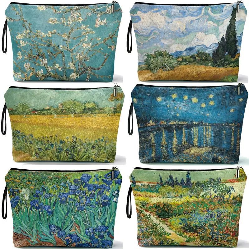 Arte estilo Van Gogh lienzo bolsa de maquillaje portátil bolsa de maquillaje / monedas almacena LOGO imprimible
