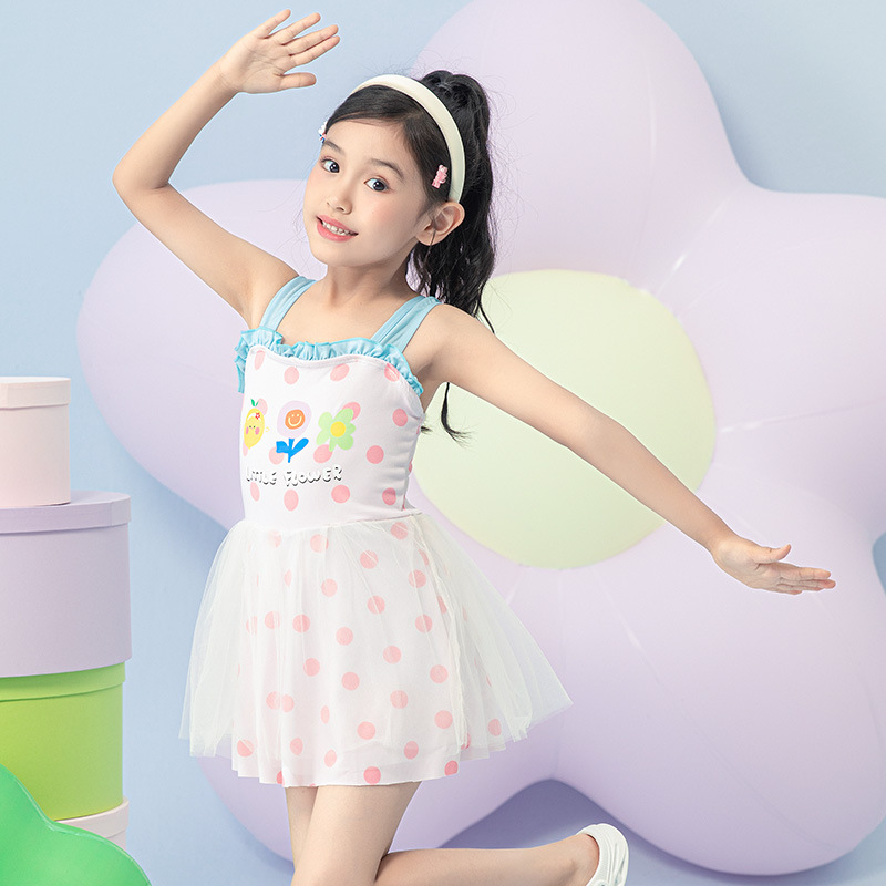 2025 verano nuevo trajes de baño de niñas niñas unidas coreanas lindas vestidas de princesa de malla para niños