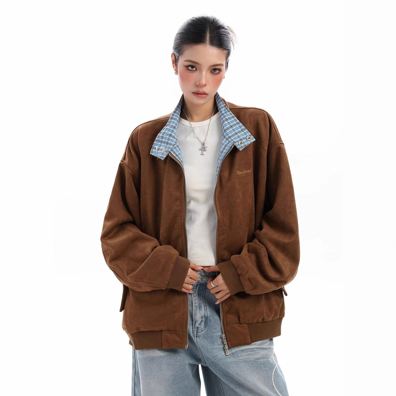 Maillard Lapel Plaid Deerskin Velvet Jacket Women's Autum Niche Casual Unique Color Matching Double Zipper Jacket Cardigan